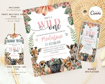EDITABLE Safari Birthday Invitation, girl Wild One Birthday Invite, 1st Jungle Animals invitation, Printable Template Instant Download