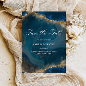 Modello di biglietto Save the Date per matrimonio Dusty Gold Azure, modello di matrimonio Dusty Gold Azure, biglietti Save The Date, destinazione del matrimonio