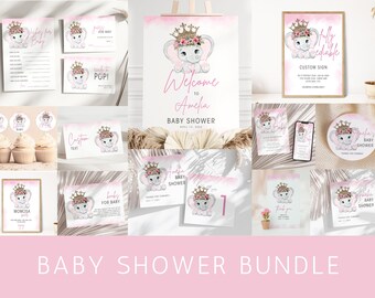 Cute Elephant Girl Baby Shower Bundles, Elephant Printable Baby Shower Invitation, Editable Baby Shower Games, Queen Baby Elephant