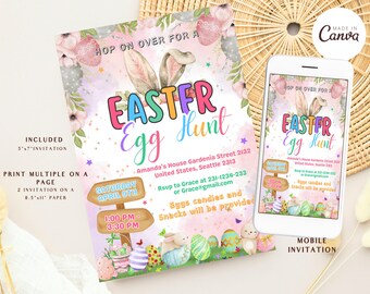 Puede incluir: Invitación a la búsqueda de huevos de Pascua con texto colorido y orejas de conejo. Incluye detalles del evento: fecha, hora, lugar e información de contacto. El diseño presenta colores pastel, detalles florales e ilustraciones de huevos de Pascua.