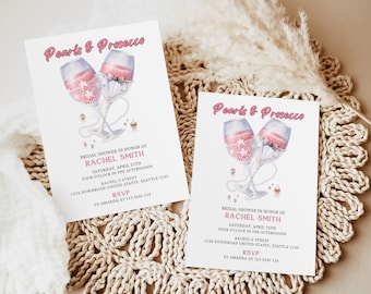 Pearls + Prosecco Bridal Shower Invitation, Editable Pearls and Prosecco Invite Template, Brunch Engagement Party