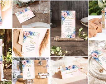 Blush Pink Wedding Invitation Set, Wedding Template Set , Dusty Rose, Floral Printable Invitation Bundle, Instant Download