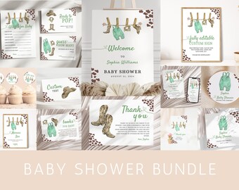 Western Baby Shower Editable Invitation, A Little Cowboy Baby Shower Bundle Template, Country Baby Shower Bundle