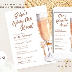 Bridal Shower Invitation, She&#39;s Tying The Knot, Editable Template, Wedding Shower, Girly Bow Ribbon & High Tea