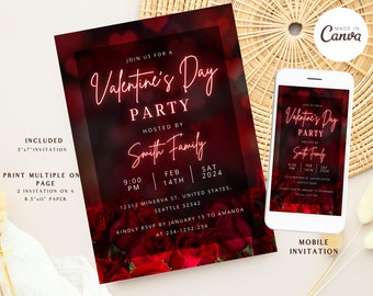 May include: A Valentine's Day party invitation with a red and black background featuring a blurred image of red roses. The text "Valentine's Day Party" is in pink with a handwritten font. The invitation includes the date, time, location, and RSVP information.