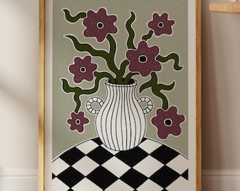 Burgundy Floral Print Vase Poster, Dark Red Flowers Print, Stripe Vase Print, Classy Poster Minimal Modern Living Room Decor