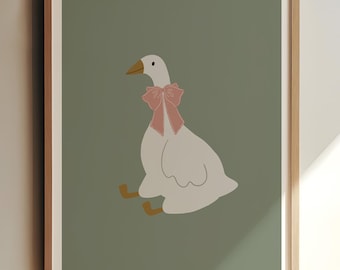 Silly Goose Wall Art Cute Goose Poster Sage Green Nursery Decor Farm Animal Printable Pink Coquette Room Decor Green Girl's Room Goose Print