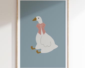 Silly Goose Wall Art Cute Goose Poster Blue Nursery Decor Farm Animal Printable Pink Bow Coquette Room Decor Green Girl's Room Goose Print