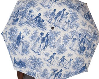 african american vintage family Blue Toile Scenic Print Umbrella | Foldable Semi-Automatic Travel Umbrella