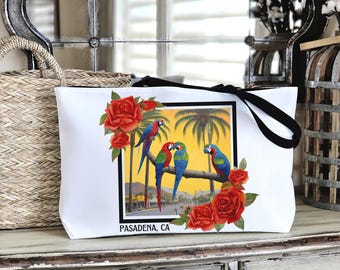 Pasadena Parrots Tote Bag | Tropical Palm, Red Rose Illustration