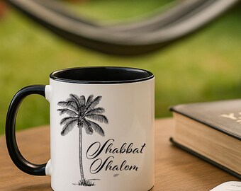 Shabbat Shalom Coffee Mug: Palm Tree Design, Hebrew Gift