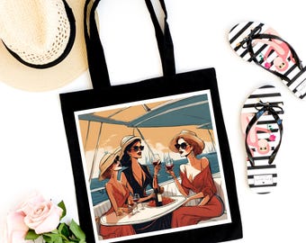 Girls Trip Boat Tote Bag: Women's Vacation Beach Wine Celebration Canvas Bag
