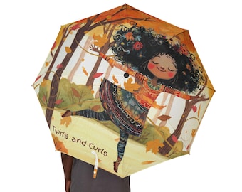 Curly Hair Girl Autumn Umbrella | Watercolor Forest Leaves, Foldable Rain Protection