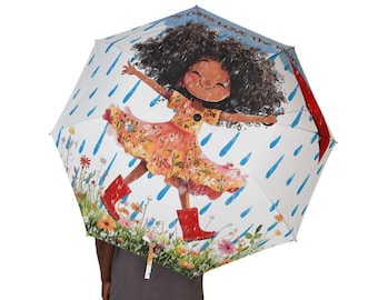 Curly Hair Girl Umbrella, Red Rainboots, Semi-Automatic, rainy day fun
