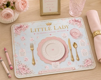 Little Lady vintage table setting Leather Placemat | floral pink blue kids decor