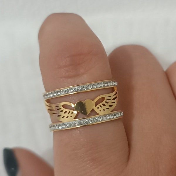 Bague ajustable doré, bague coeur avec ailes doré , bague fantaisie, bague en acier inoxydable et plaqué or, bague zircon