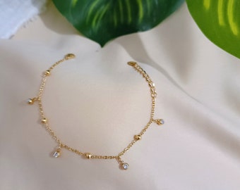 Bracelet en perles , bracelet en acier inoxydable, plaqué or 18k, bracelet avec glands en zircon, bracelet pendentif, idée de cadeau femme
