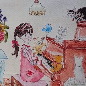 Stampa artistica o biglietto di auguri con bambina con fascia per apparecchio acustico che suona il pianoforte