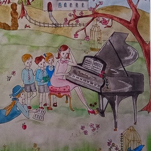 Pianoles geven op een lentedag kunstafdruk of wenskaart