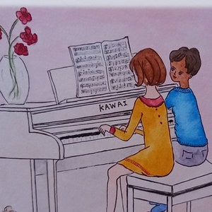Impression d'art ou carte de voeux Enfants jouant du piano en duo