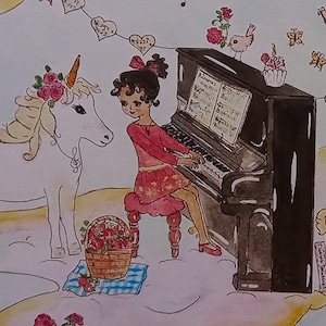 Carte de voeux petite fille jouant du piano sur un nuage arc-en-ciel avec licornes