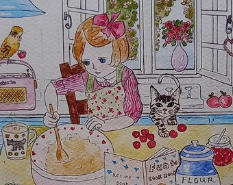 Little Girl Baking Art Print or Greetings Card