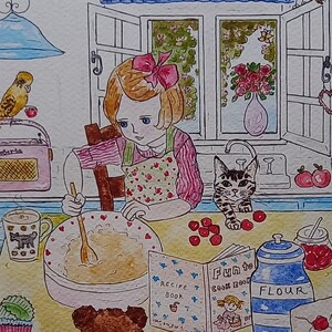 Stampa artistica o biglietto di auguri con bambina che cucina