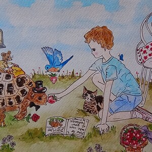 Impression d'art garçon avec sa tortue ou carte de voeux