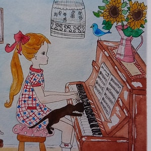 Kleines Mädchen spielt Klavier Kunstdruck oder Grußkarte Blank für eigene Nachricht