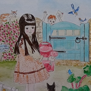 Impressão artística de menina com regador ou cartão de felicitações