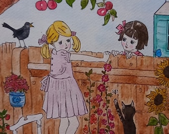 Lámina o tarjeta de felicitación con ilustraciones en acuarela de niñas pequeñas.