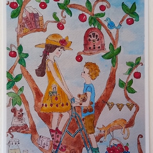 Kleiner Junge und Mädchen im Apfelbaumhaus Kunstdruck oder Grußkarte