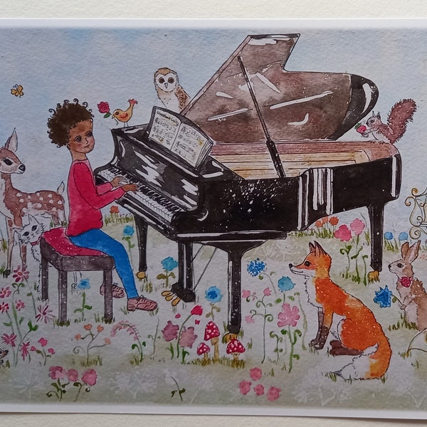 Woodland Concert: Little Boy Playing Piano Art Print or Greetings Card