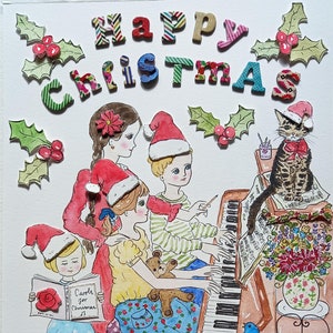 Kerstliederen en katten rond de piano Wenskaart of kunstafdruk