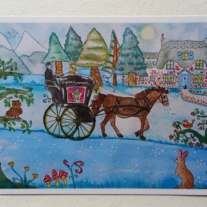 Impression d'art ou carte de voeux au clair de lune à cheval et en calèche