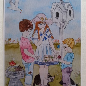 Láminas artísticas o tarjetas de felicitación con niños pequeños en un jardín