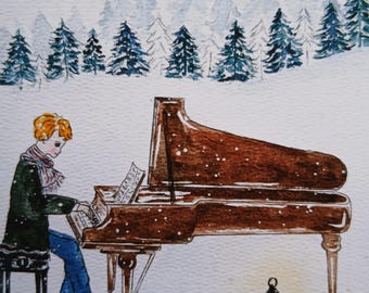 Niño tocando el piano en el bosque invernal