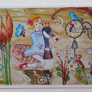 Impression d'art Fille chevauchant une oie ou carte de voeux