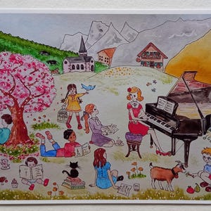 Aula de piano nas montanhas, impressões artísticas ou cartão de felicitações
