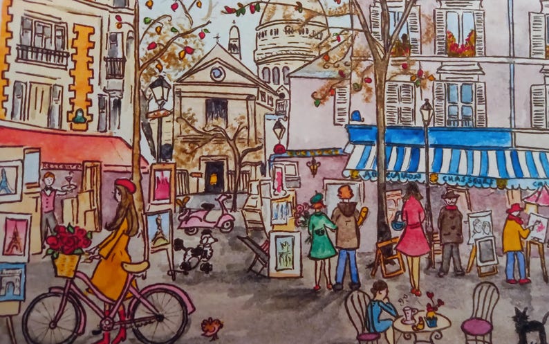 Puede incluir: Una pintura acuarela de una escena callejera parisina con una iglesia, un caf&eacute; y personas caminando. Hay varios caballetes con pinturas en ellos, y una bicicleta con una cesta de flores.