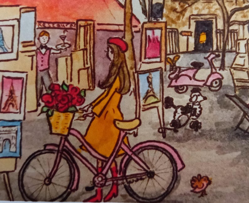Puede incluir: Una mujer con un vestido amarillo monta una bicicleta rosa con una cesta de rosas rojas. La bicicleta est&aacute; aparcada frente a un edificio con un cartel que dice "Restaurante".