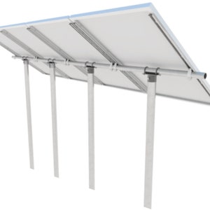 May include: A close-up of a solar panel mounting system with four silver metal poles and a horizontal bar connecting the poles. The solar panels are not visible in the image.