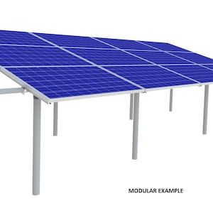 May include: A modular solar panel array with a blue surface and a white frame, supported by gray posts. The image includes the text "MODULAR EXAMPLE" and a "MADE IN U.S.A." graphic.