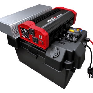 May include: A black and red 1500W power inverter with a built-in battery box. The inverter has a fan, two AC outlets, and two USB ports. The battery box has a 12V DC outlet and a pair of solar panel connectors.