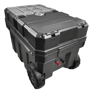May include: A black wheeled storage container with a gray lid and a red valve. The container has a handle on the top and wheels on the bottom.
