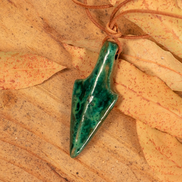 Handcrafted ceramic Gungnir Pendant, the spear of Odin necklace, glazed in green color.  Sold with leather or brown cotton thread.