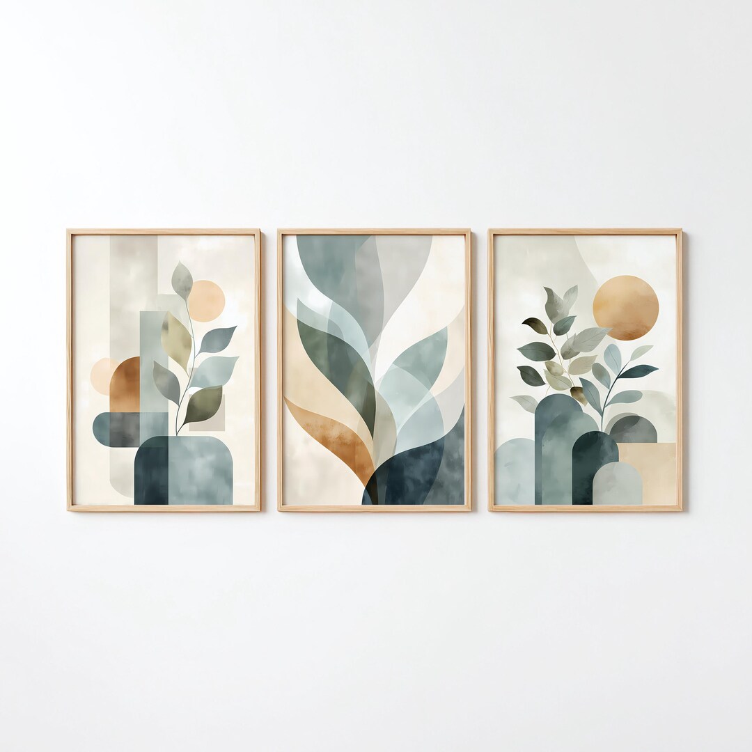 Sage Green Abstract Wall Art Set of 3 Prints, Modern Boho Botanical ...