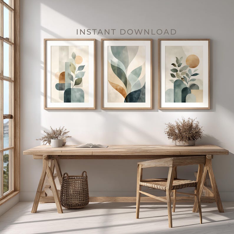 Sage Green Abstract Wall Art Set of 3 Prints, Modern Boho Botanical ...