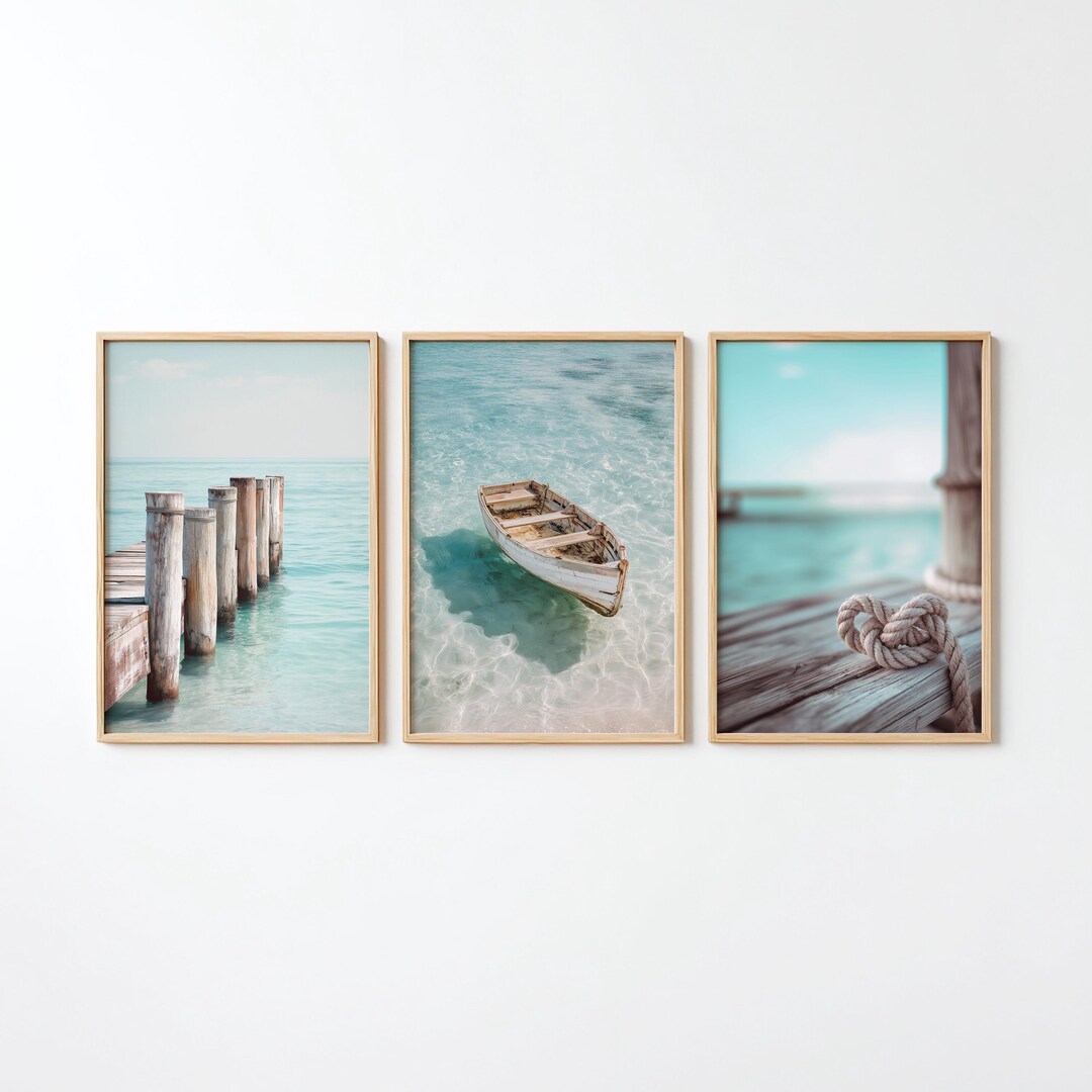 Coastal Nautical Wall Art Set of 3, Boat and Pier Prints, Ocean Rope ...
