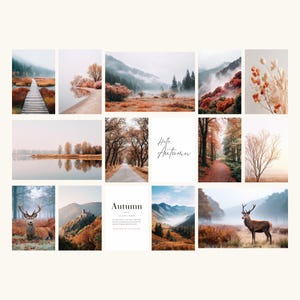 Könnte beinhalten: Eine Collage aus fünfzehn rechteckigen Drucken mit Herbstlandschaften, darunter neblige Berge, ein Holzsteg, Hirsche und Bäume mit orangefarbenem Laub. Zwei Drucke enthalten den Text Hello, Autumn und Autumn.